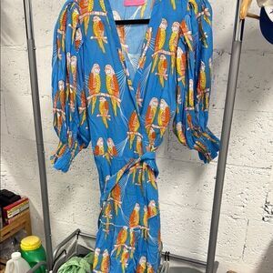 FEATHER & FIND Blue Parrot Print Wrap Dress - Midi Dress - Like New - Size Large